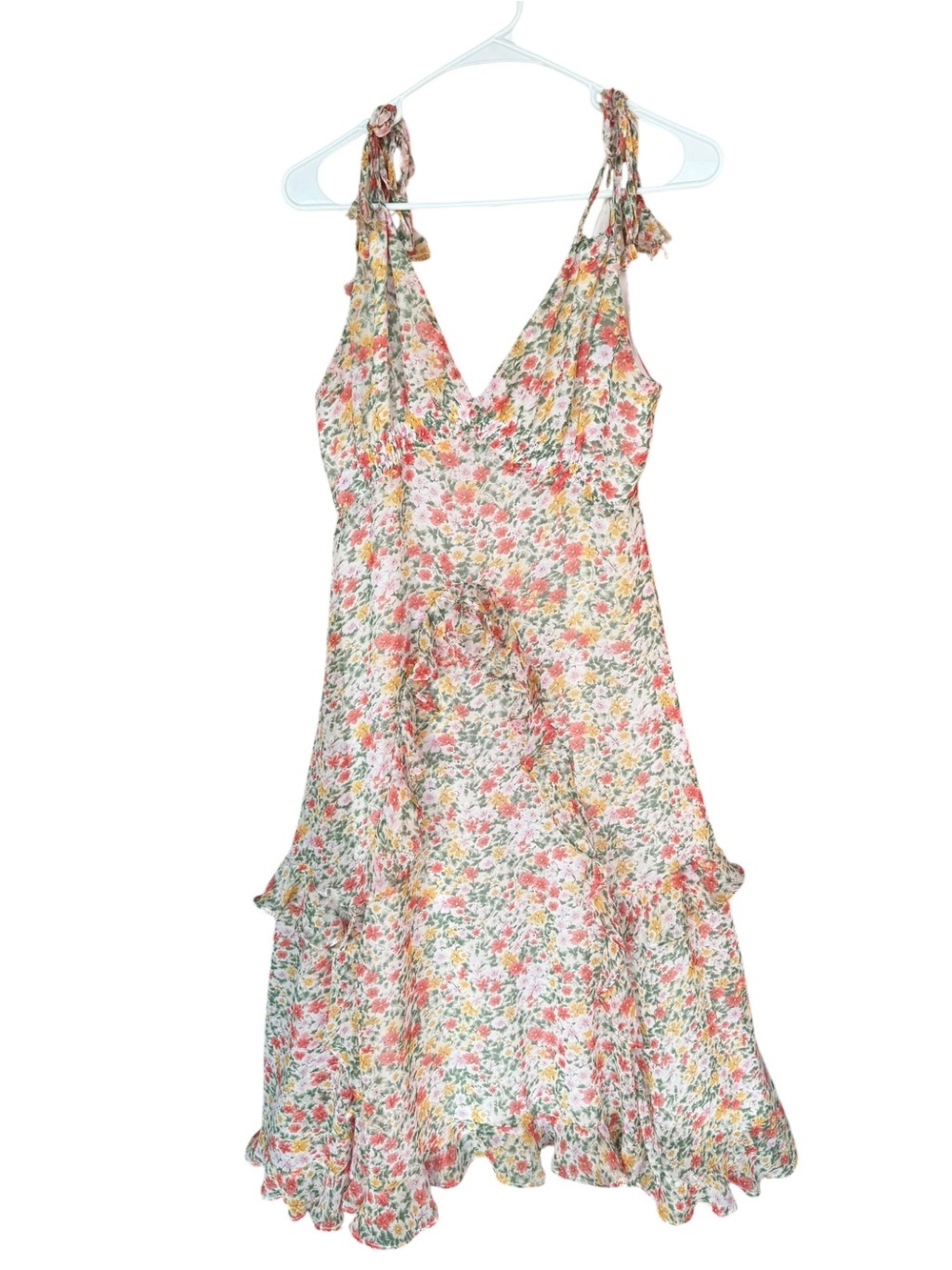 Storia Floral Ruffle Cottagecore Midi Dress in Pink, Green & Yellow
